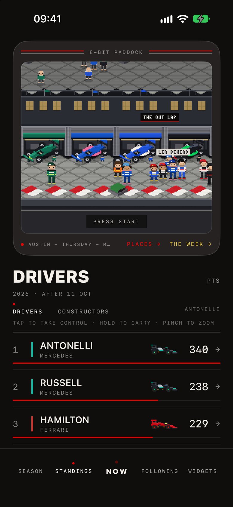 Standings under the 8-bit paddock handheld