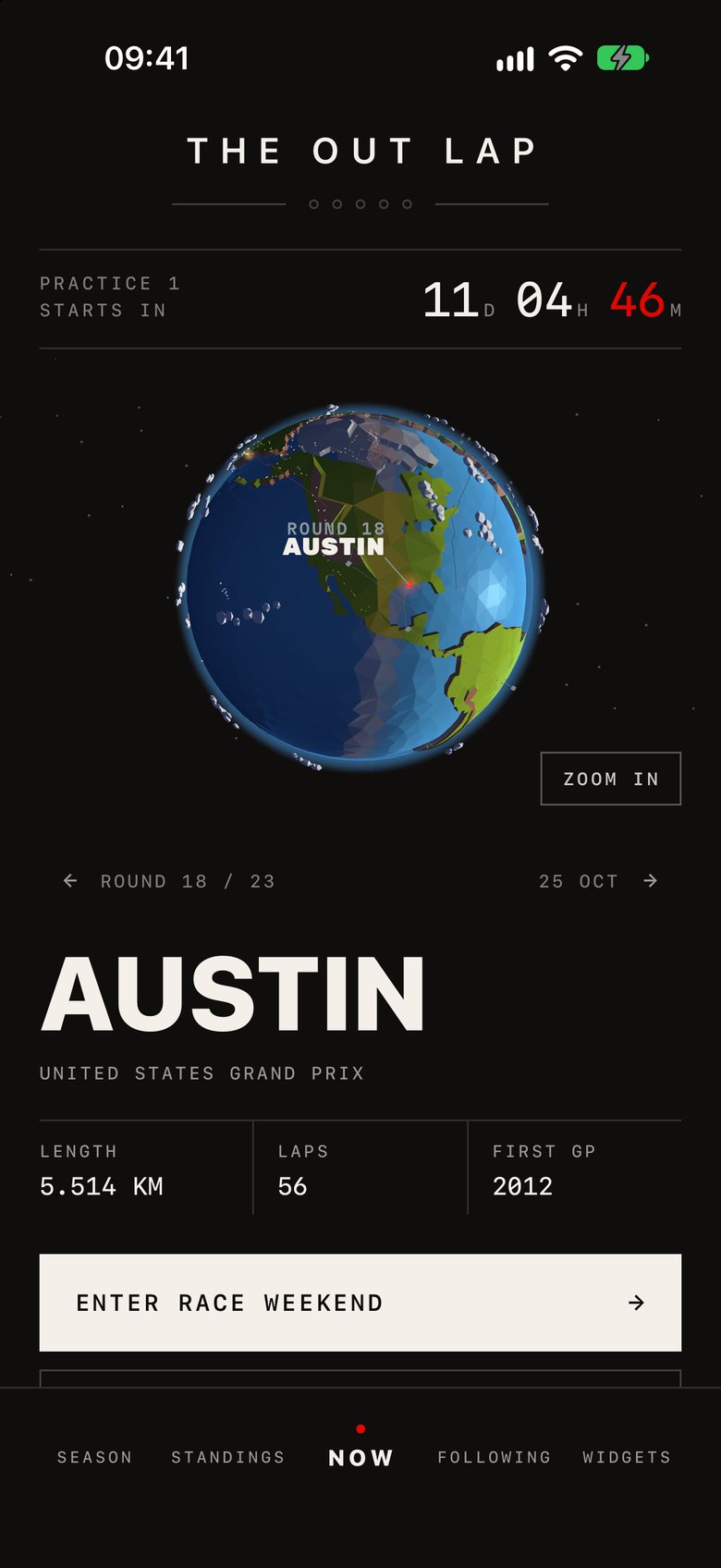 The countdown to practice in Austin on a 3D globe