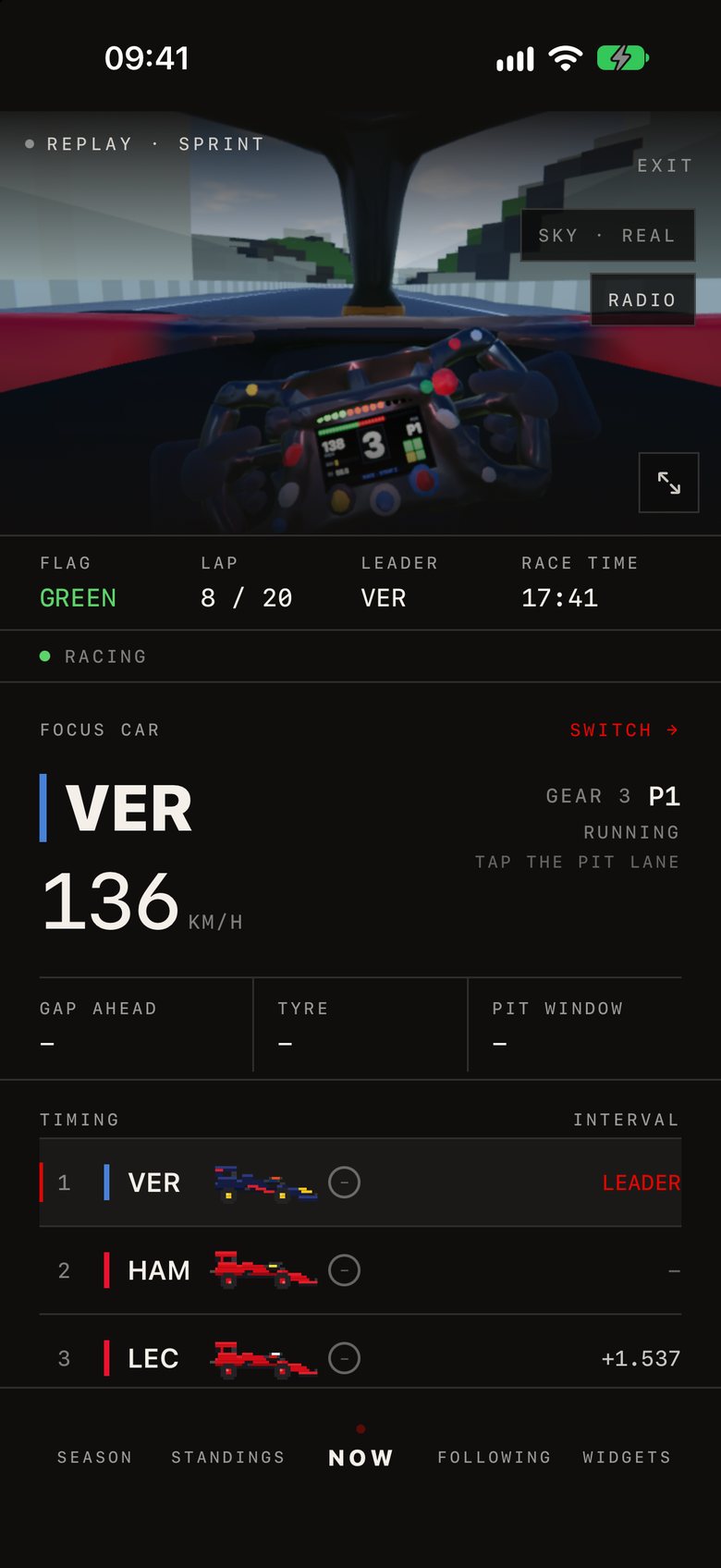 Helmet cam in Verstappen's car, Singapore sprint, lap 8