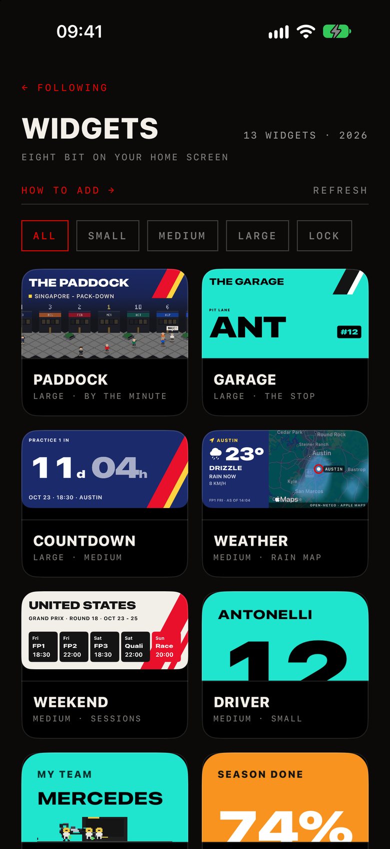 The widgets page: paddock, garage, countdown and weather